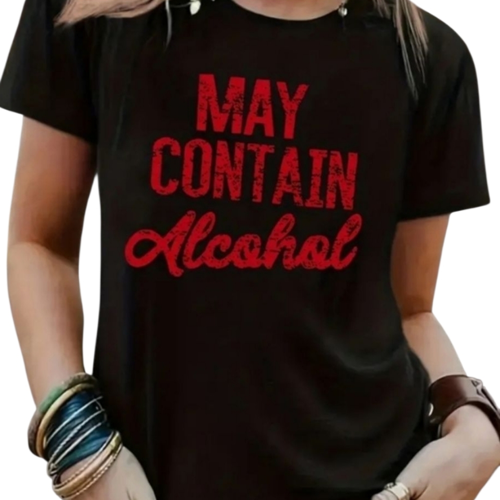 Funny May Contain Alcohol Letter Print Womens Shortsleeve T-shirt XL Black